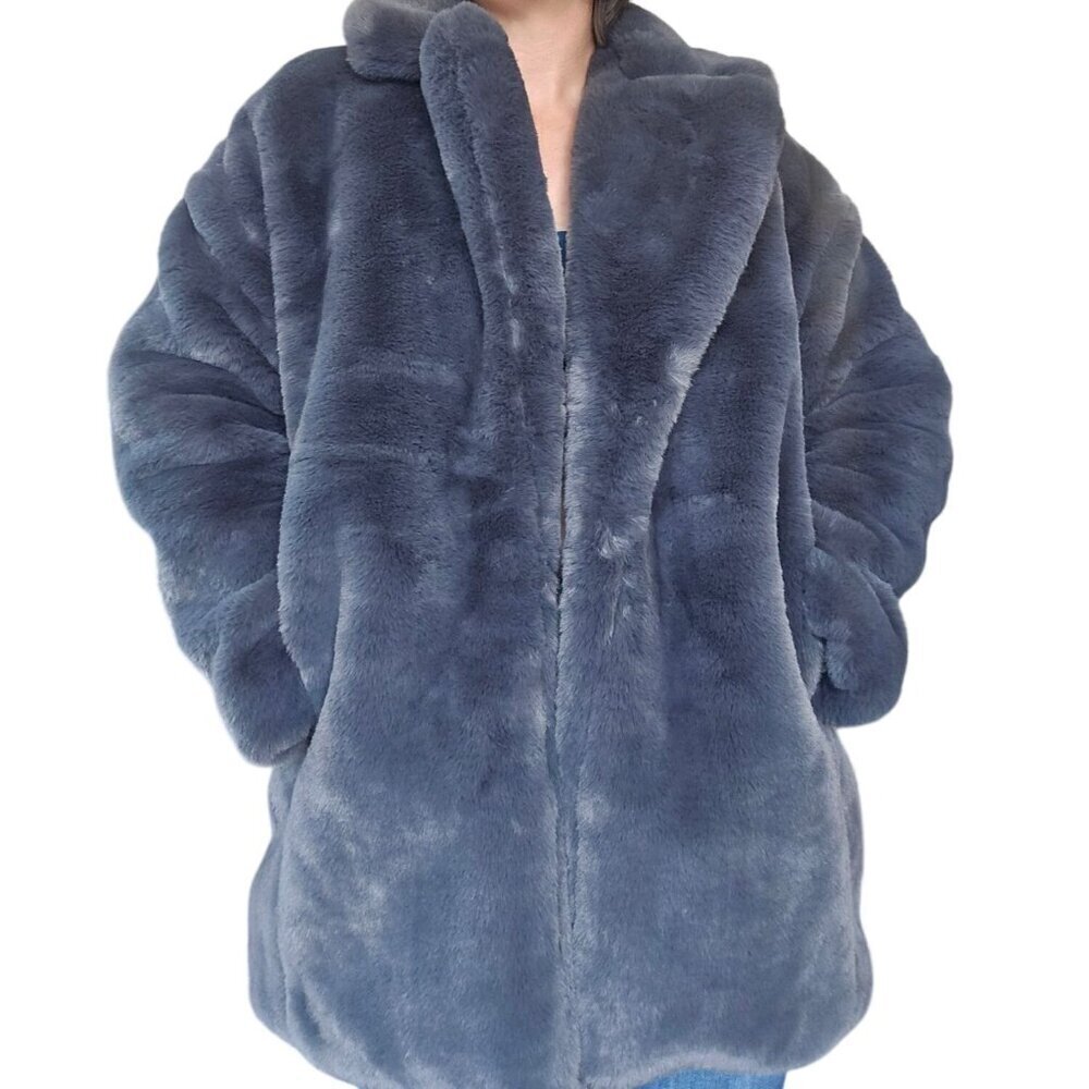Riley & James Dark Blue Navy Faux Fur Coat Women's Size L Winter Luxury Mob Wife